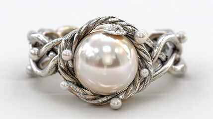 Exquisite pearl ring nestled within delicate intertwining silver vines on a transparent background.