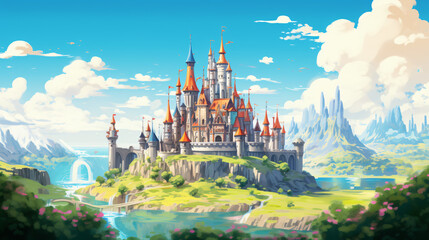 Naklejka premium A whimsical fairy tale castle with towers and spires.