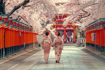 Poster During peak cherry blossom season, Japanese ladies wearing traditional Yukata wander near  Shrine. © ckybe