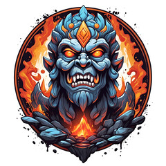 an illustration of a demon with flames in the background, lava rock, monster, perfect for t-shirt designs