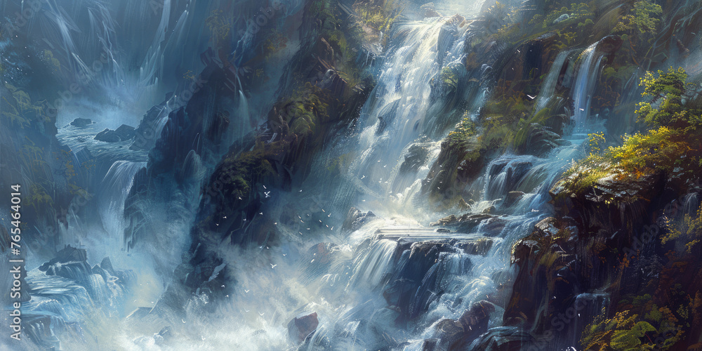 Poster a serene composition featuring multiple waterfalls streaming through a foggy, ethereal forest settin