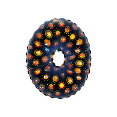 3D inflated balloon letter O with black surface and yellow/orange sun smiley childrens pattern