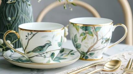This is a set of porcelain coffee cups with gold metal rim decoration and green bird pattern, paired with gold cutlery to serve tea or coffee in an elegant way, all set next to a white plate decorated