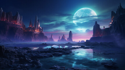 Abstract fantasy landscape ancient stone temple neon