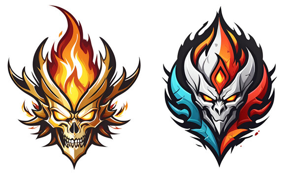 a couple of skulls with flames on them, mascot illustration, logo design, fire hair