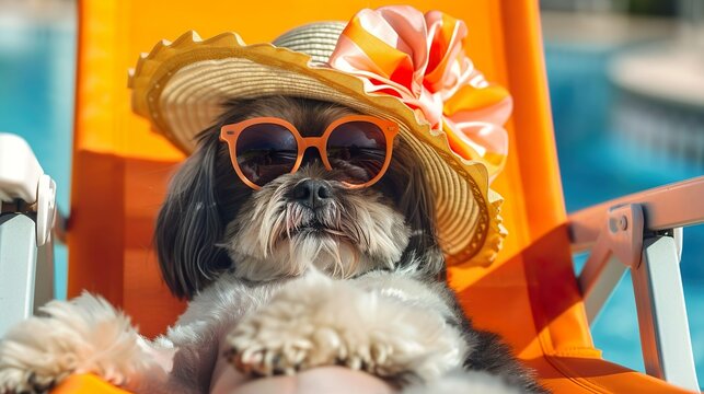 Cute pampered shih tzu relaxes in a beach chair, sporting a stylish sun hat with a bow accent and glamorous oversized sunglasses, enjoying the  summer ocean vacation breeze.