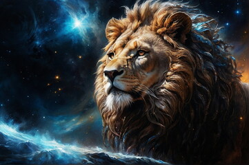 Naklejka premium Zodiac sign Lion, magic fantasy space light. Poster