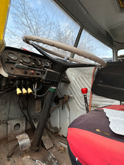 Cockpit of a 50 years old sprinkler truck outdoor