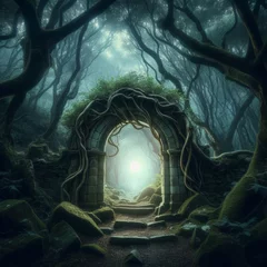 Tuinposter Mystical stone gateway, inviting the path toward the dark enchanted forest  © robfolio