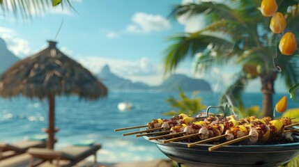 Beachside barbecue scene with a grill, where the inviting aroma of sizzling food mingles with the salty sea breeze, creating a perfect setting for relaxed gatherings by the shore.
 - obrazy, fototapety, plakaty