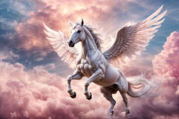 Obraz na płótnie Canvas Majestic Pegasus Soaring Through a Cloudy Sky at Twilight