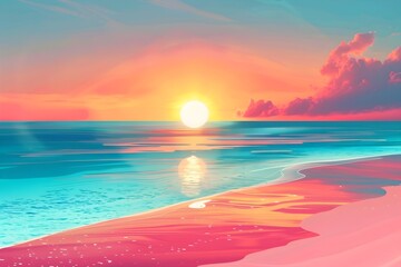 Colorful Beach Sunset with Dreamlike Illustrations - obrazy, fototapety, plakaty