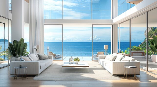 Modern bright interiors living room with sea view. 3d render, Generative AI