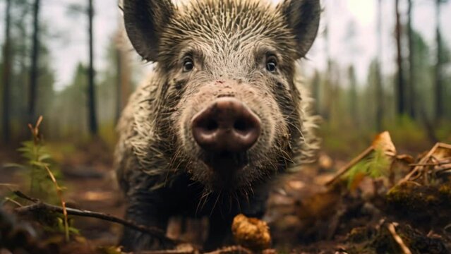 Wild boar roaming freely amidst lush forest foliage, embodying the essence of nature's untamed beauty