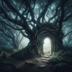 Fotobehang Mystical stone gateway, inviting the path toward the dark enchanted forest  © robfolio