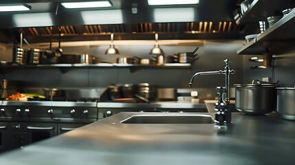 Design of a professional kitchen for a restaurant or cafe. Metal table. Kitchen equipment for catering. Cooking space.