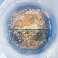 Isthmia, Greece. Corinth Canal. Summer day. Cloudy weather. Summer. 360 degree aerial panoramic...