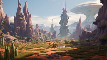 An alien landscape with towering rock formations