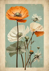 Abstract Mid-century vintage fine art floral background beige green orange colors . Poppy wall art, Poster. Floral card.