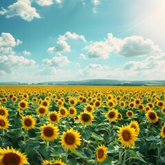 Dreamy Sunflower Field Under Blue Sky and Clouds