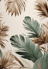 Watercolor leaves pattern frame green beige neutral colors on beige background. Floral illustration. Poster