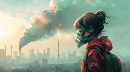 Character illustration amidst PM 2.5 smog emphasizing the need for collective action to address environmental challenges. - obrazy, fototapety, plakaty
