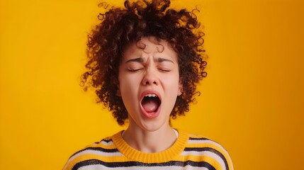 Energetic Young Person Screaming on Yellow Backdrop - obrazy, fototapety, plakaty