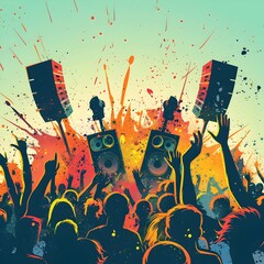 Music Festival with Colorful Crowd and Stage - obrazy, fototapety, plakaty