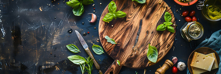 Italian food cooking ingredients on dark background with rustic wooden chopping board in center, top view, copy space - obrazy, fototapety, plakaty