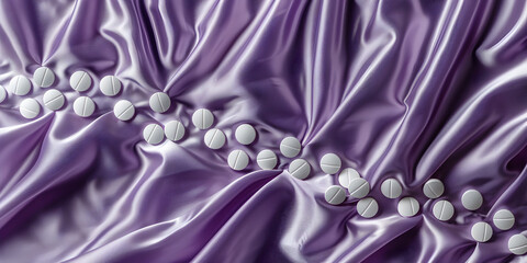 Innovative medical breakthrough white pills arranged neatly on a purple background - obrazy, fototapety, plakaty