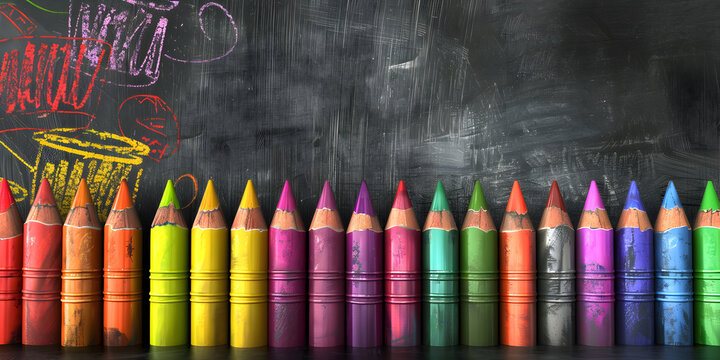 Colorful crayons on the blackboard background
