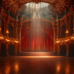 Opulent vintage theater interior bathed in dramatic lighting. empty stage ready for performance. ornate architecture and design. generative AI