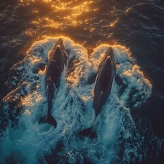 Two majestic whales breaching at sunset. ocean wildlife captured in nature. serene sea moment. breathtaking marine life shot. generative AI - obrazy, fototapety, plakaty