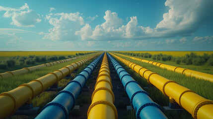 Parallel Pipelines in Green Landscape. A series of parallel pipelines extend across a lush green field under a partly cloudy sky. - obrazy, fototapety, plakaty