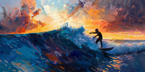 A surfer cuts through a beautifully dramatized ocean wave under a vividly painted sunset sky in impressionist style - obrazy, fototapety, plakaty