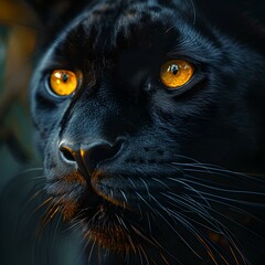Close-up portrait of a mysterious black cat with striking orange eyes. indoor setting. captured with fine detail. generative AI - obrazy, fototapety, plakaty
