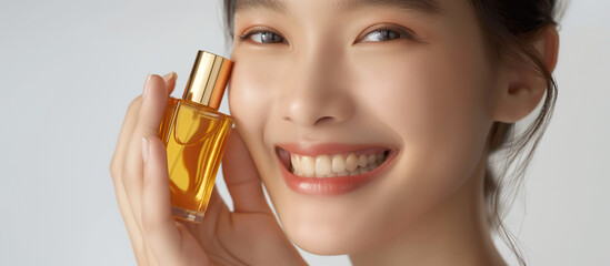 Fototapeta premium A woman is holding a bottle of perfume and smiling