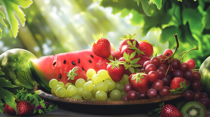 A plate of fruit including watermelon, strawberries, and grapes
