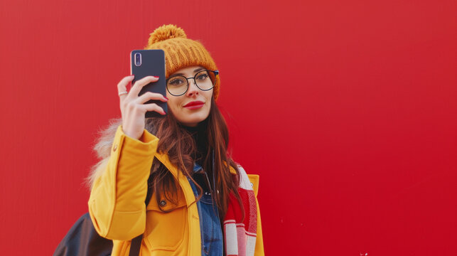 Hipster cool girl taking picture on smartphone self-portrait, screen view, over red background