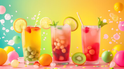 Three colorful drinks with straws and fruit garnish on top