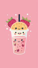 A cartoon drawing of a cup with a strawberry and a strawberry ice cream on top