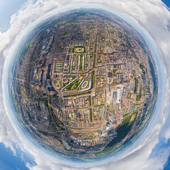 The Hague, Netherlands. Panorama of the summer city in clouds weather. 360 degree aerial panoramic...