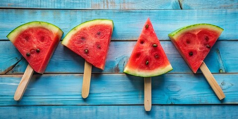 Watermelon Slice Popsicles on a Blue Rustic Wood Background - Refreshing Summer Treat