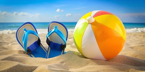 Fototapeta na wymiar Beach Accessories: Flip Flops, Beach Ball, and Snorkel on the Sand