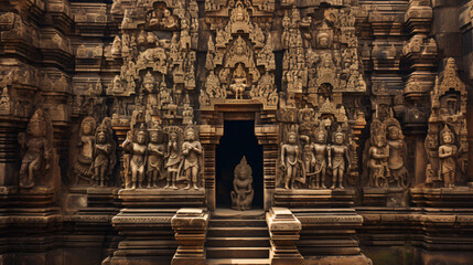 An ancient temple with intricate carvings and statues.
