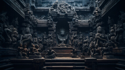 An ancient temple with intricate carvings and statues.