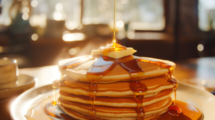 A stack of pancakes with syrup drizzled on top