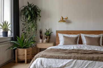 Peaceful setting in a home garden, bedroom in white-wood style. Close-up on bed, wooden parquet, and abundance of greenery. Interior design inspired by urban jungles. Biophilia concept.