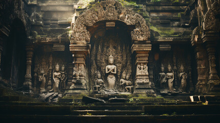 An ancient temple with intricate carvings and statues. - obrazy, fototapety, plakaty