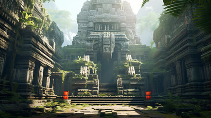 An ancient temple with towering columns and intricate